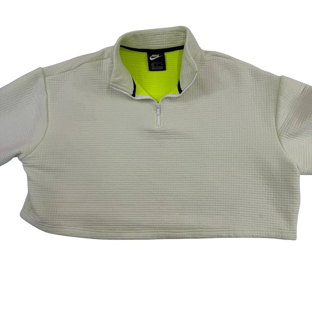 Nike‎ Womens Cropped Quarter Zip Pullover Waffle Knit Lime Green Neon Size M